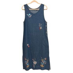 Vtg Agapo Denim Jumper Dress Womens Medium Floral Sequin Cottage Granny Modest
